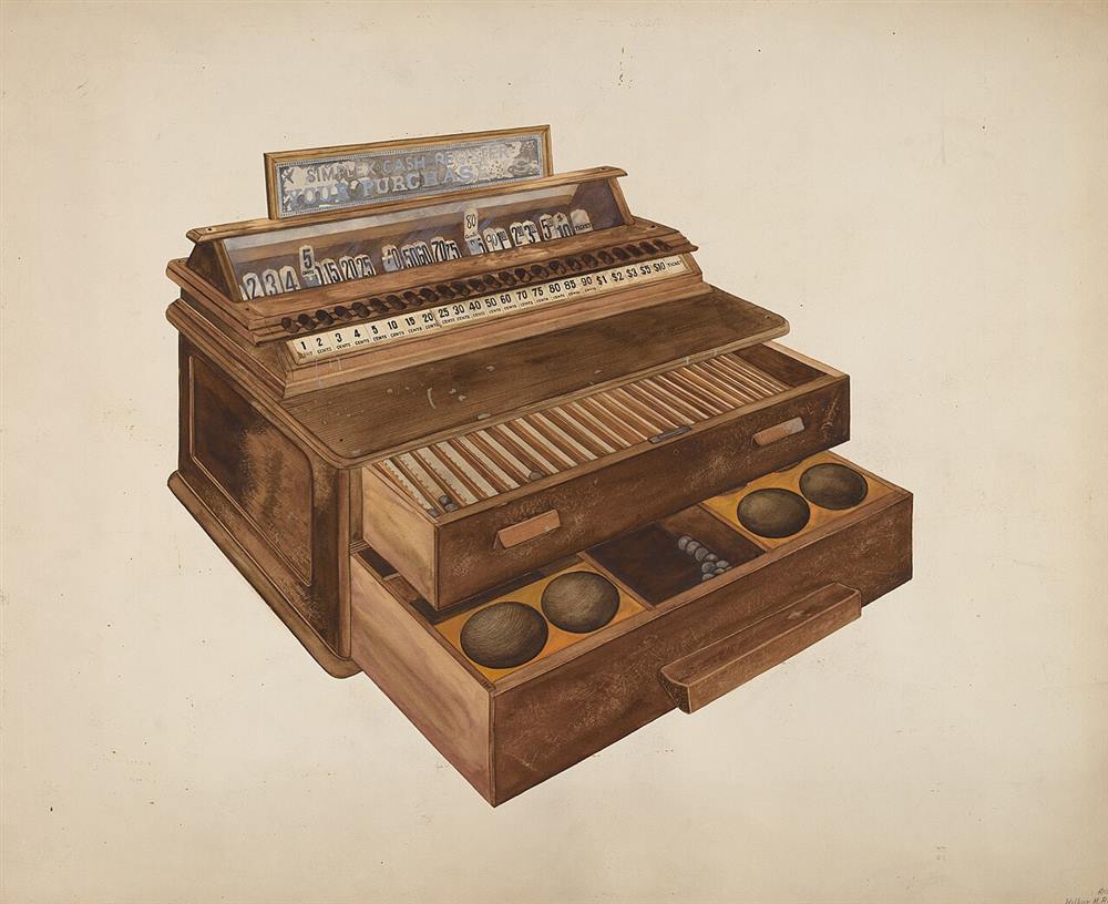 Ilustración de una caja registradora antigua de madera con el cajón abierto